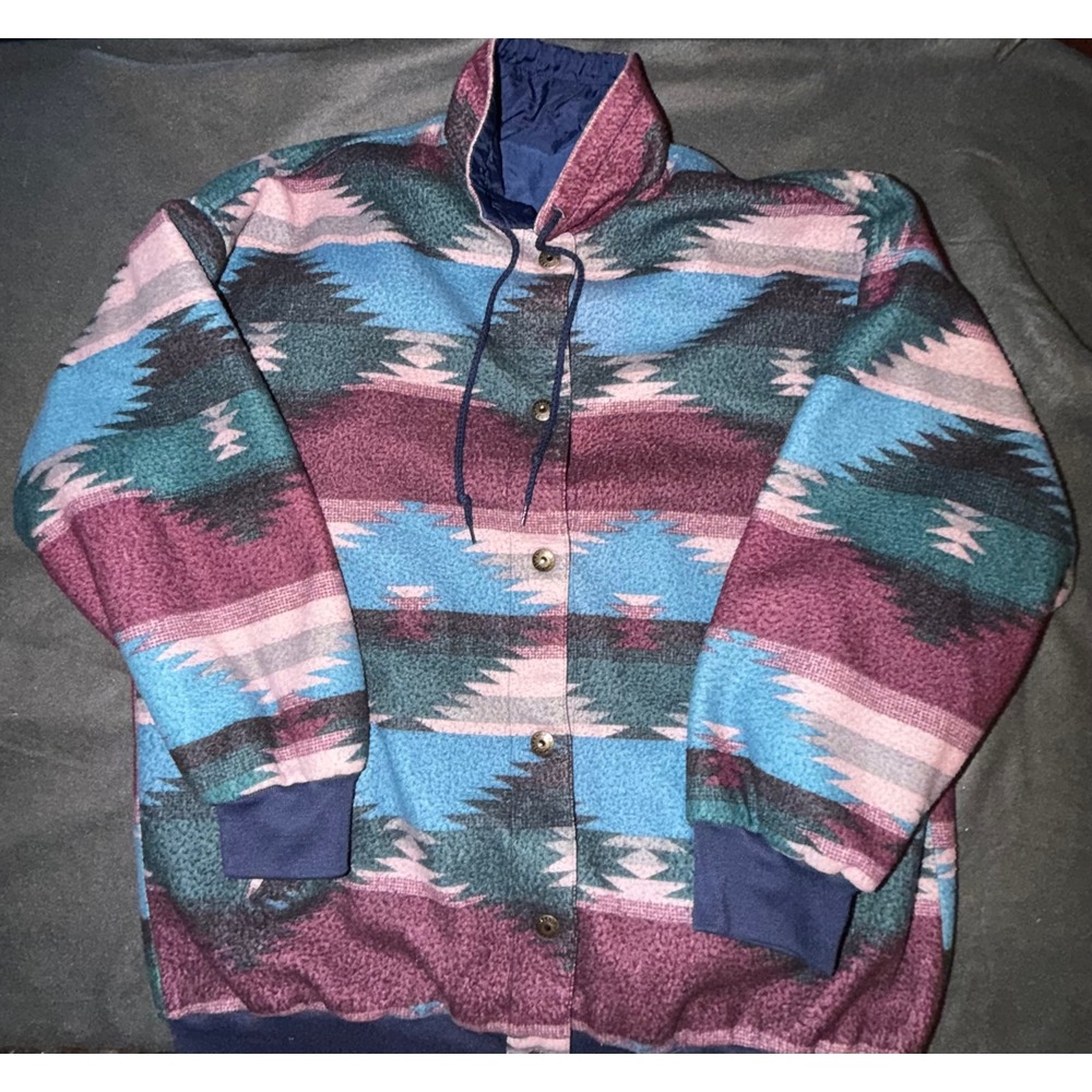 Braetan Mens Reversible Bomber Jacket Navy Blue Aztec Tribal Fleece Vintage XL